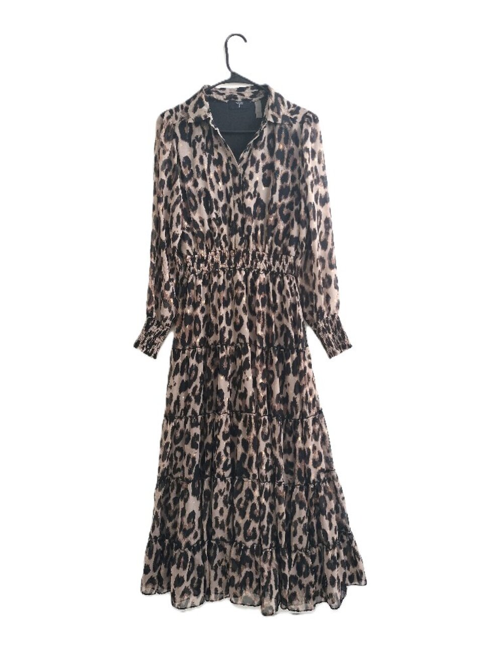 T Tahari Leopard Print Tiered Midi Dress Smocked Waist S